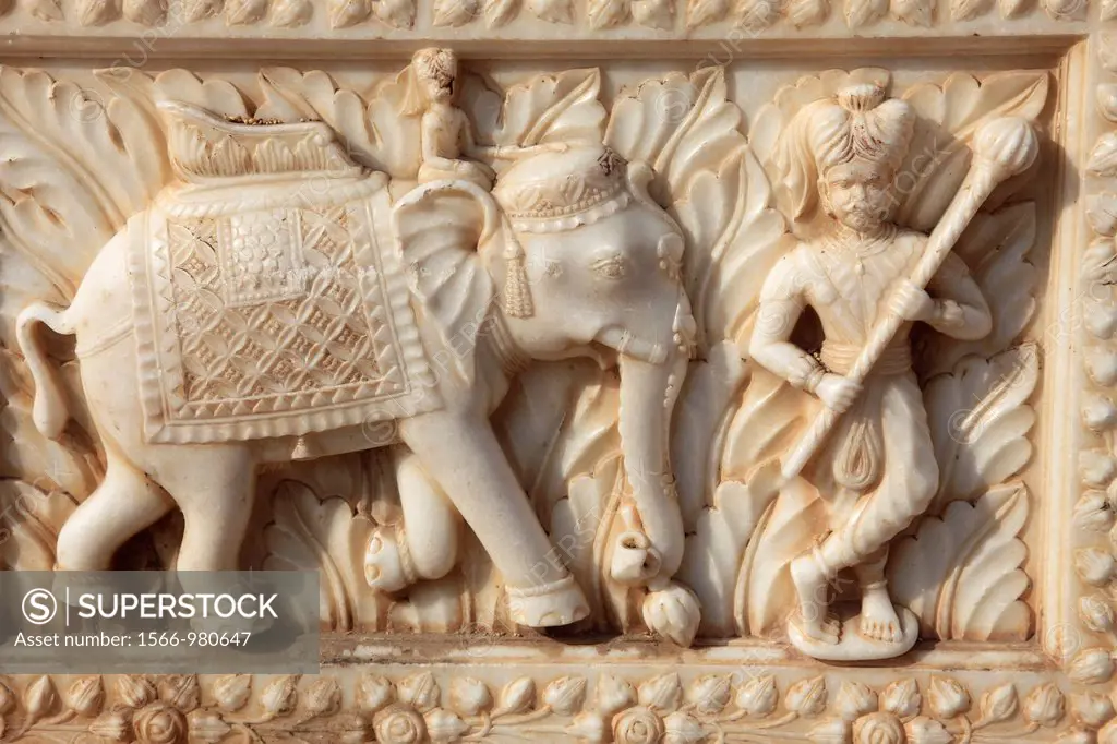 India, Rajasthan, Deshnok, Karni Mata Temple, marble relief,