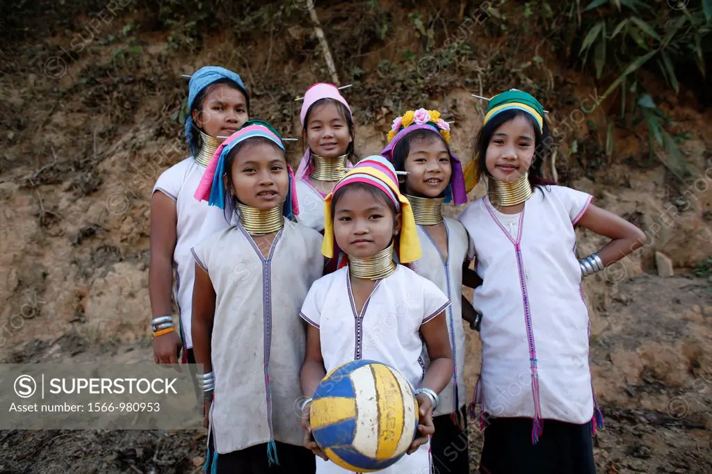 A group of Longneck girls with a ball Approximately 300 Burmese refugees in Thailand are members of the indigenous group known as the Longnecks The la...