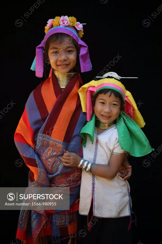 Portrait of two Longneck girls Approximately 300 Burmese refugees in Thailand are members of the indigenous group known as the Longnecks The largest o...