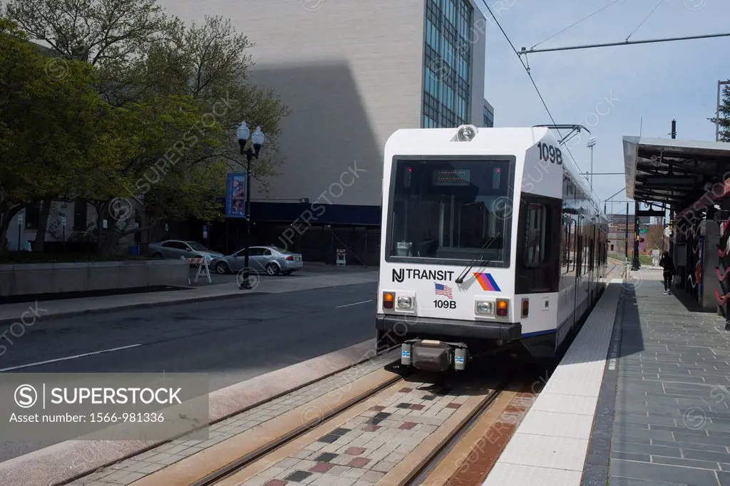 A Newark City Subway Light Rail train is seen leaving the Atlantic Street Station