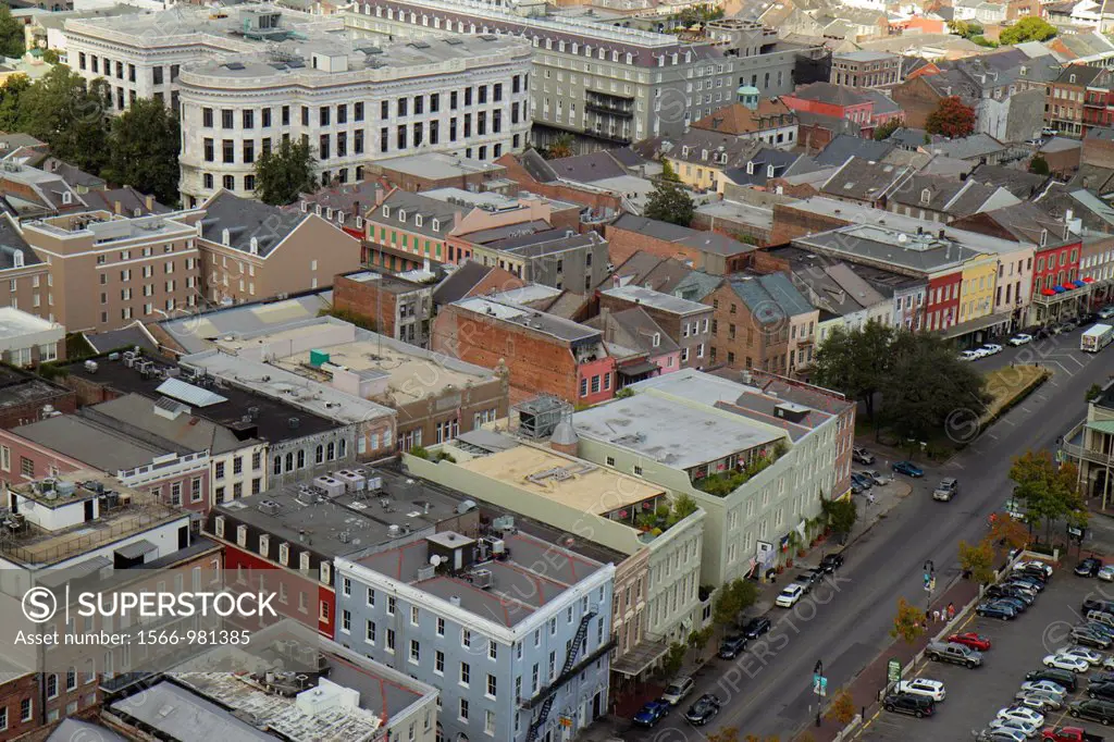 Louisiana, New Orleans, French Quarter, National Historic Landmark, skyline, North Peter Street, aerial, roof, street, buildings, cars,