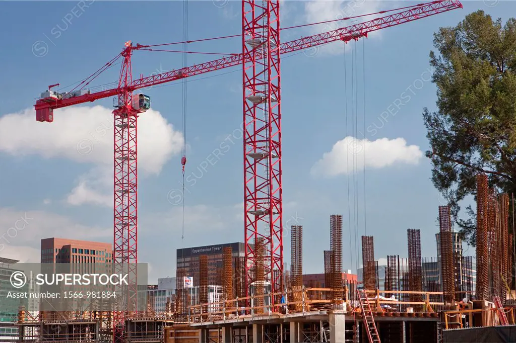 Cranes at construction site, Los Angeles, California, USA
