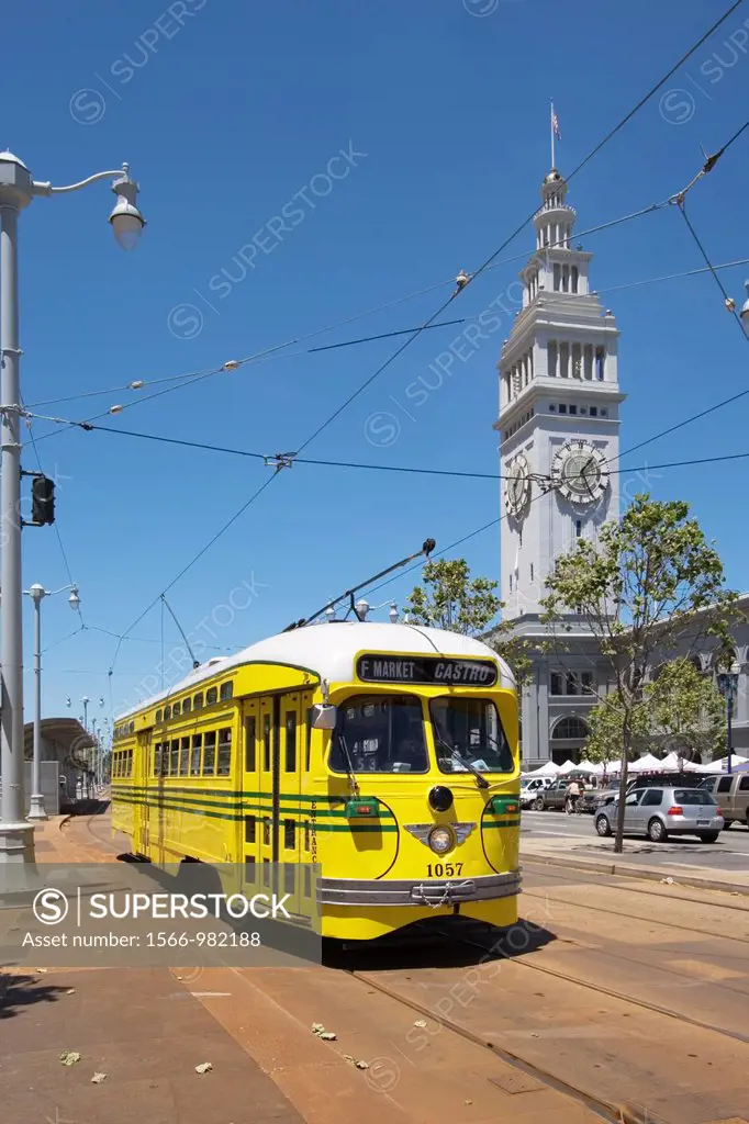 San Francisco Municipal Railway historic streetcar F Market line at the Ferry Building along the Embarcadero waterfront, San Francisco, California