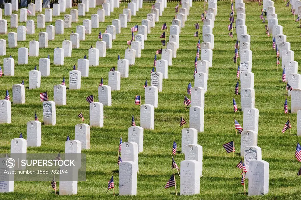 A grid of grave stones at Golden Gate National Cemetery on Memorial Day 2006, California, USA
