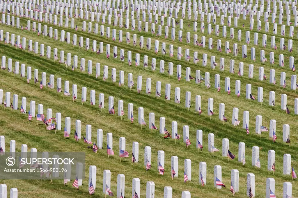 A grid of grave stones at Golden Gate National Cemetery on Memorial Day 2006, California, USA