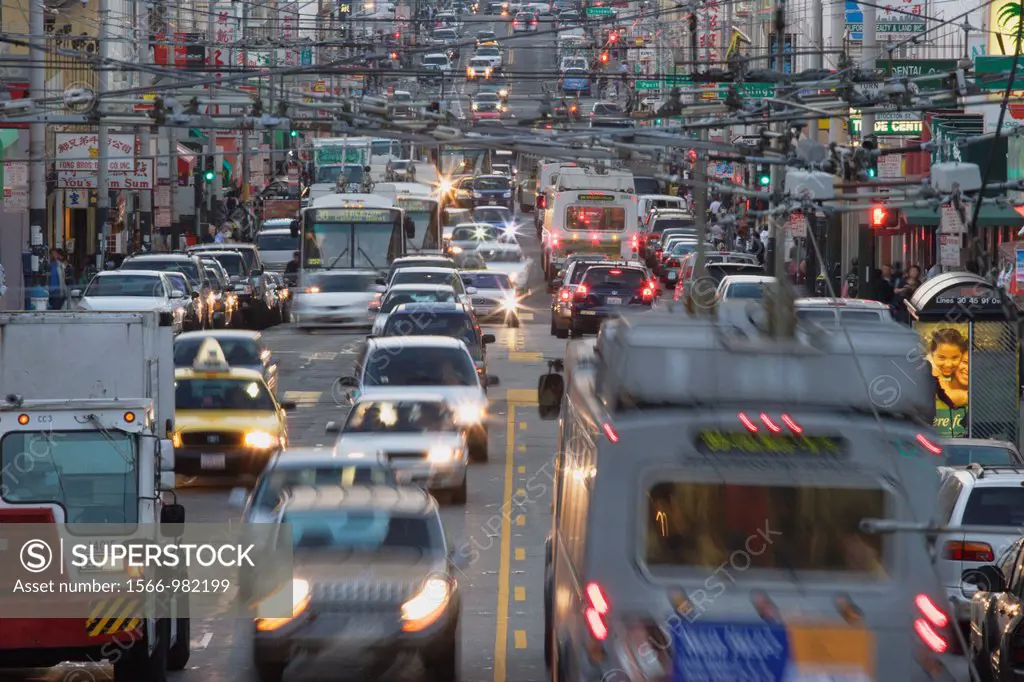 Rush hour traffic on Stockton Street in Chinatown, San Francisco, California, USA