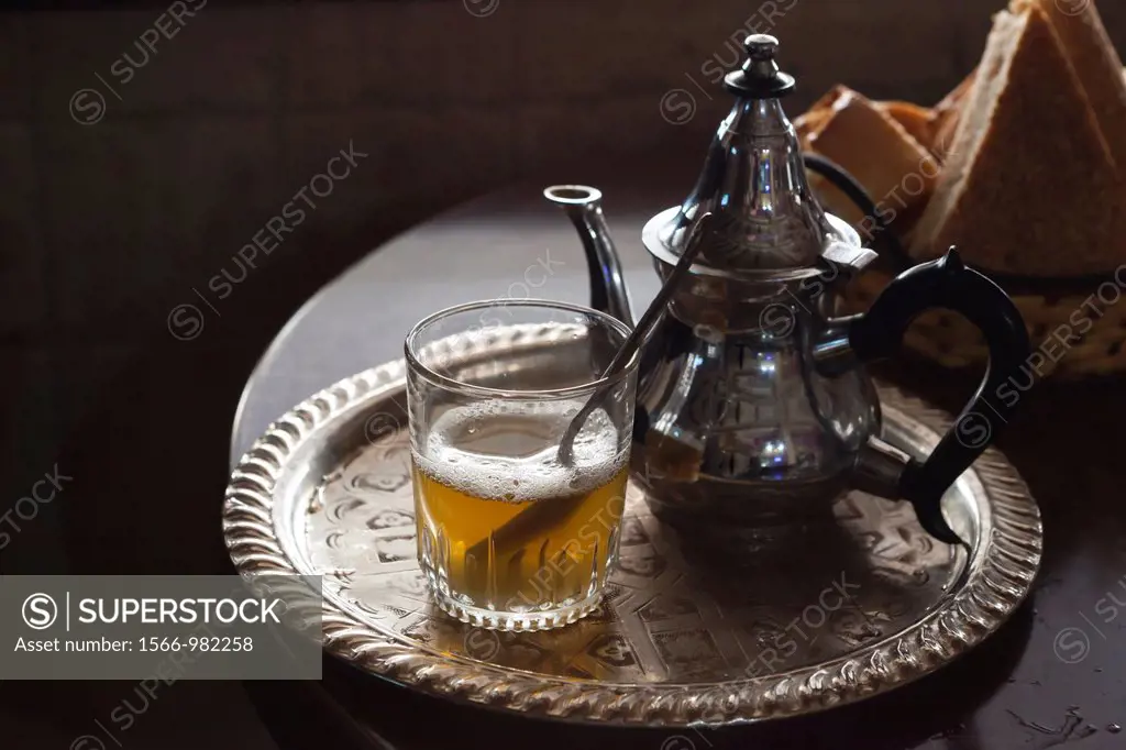 Tangiers, Morocco  Mint tea, teapot and Arabic bread