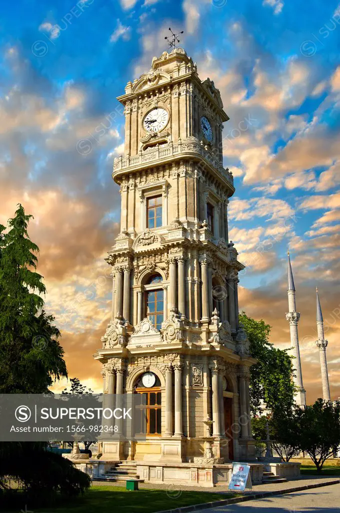 The Ottoman style clock tower of the Dolmabahçe Dolmabahce Palace, built by Sultan, Abdülmecid I between 1843 and 1856  Istanbul Turkey