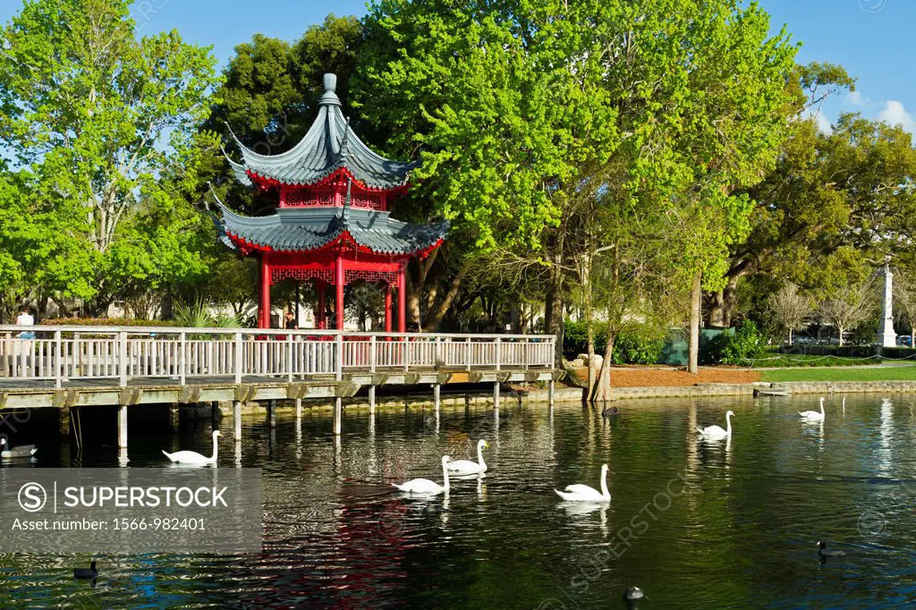 A Chinese pagoda building on Eola Lake in Orlando, Florida, USA