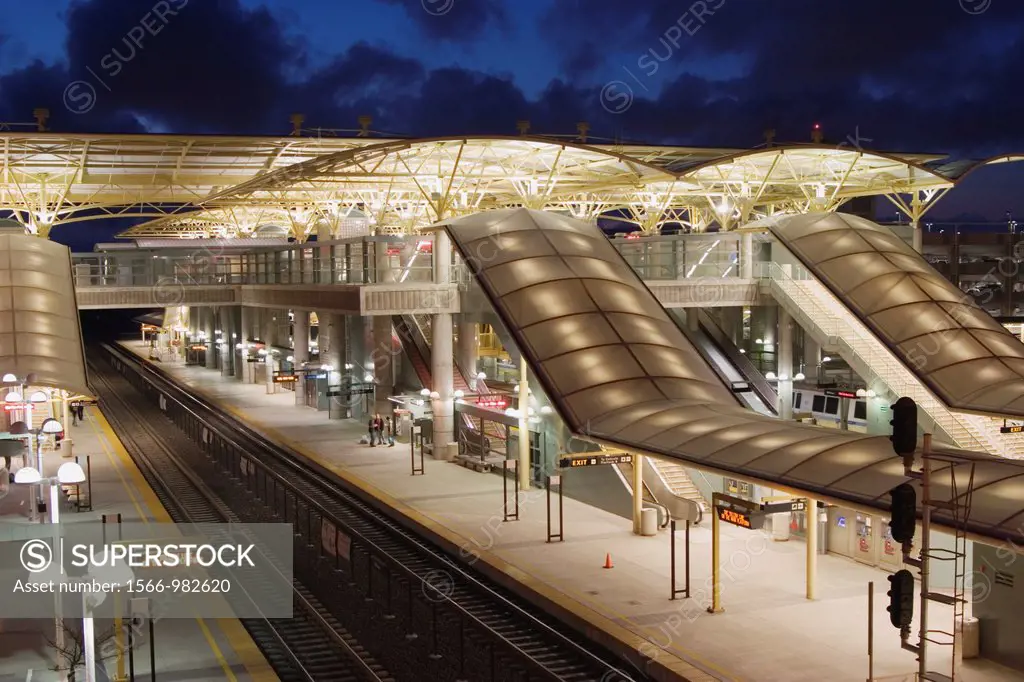 The Millbrae BART Station during dusk, Millbrae, San Mateo County, California, USA