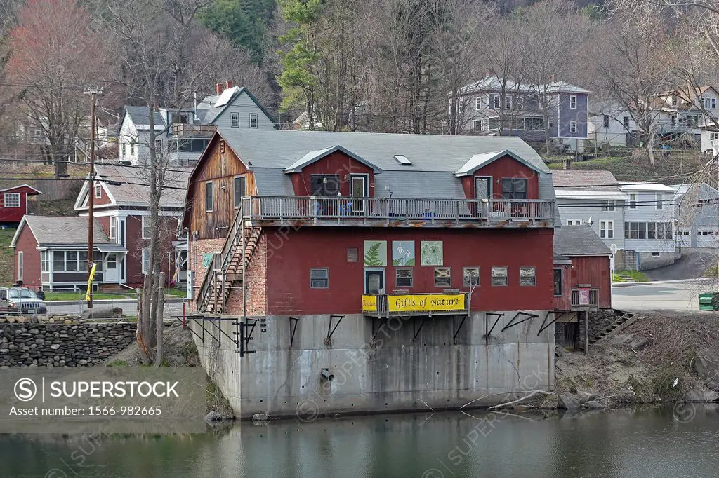 The building housing Stillwater Art and Design, on the Deerfield River, in Buckland, Massachusetts, part of the village of Shelburne Falls