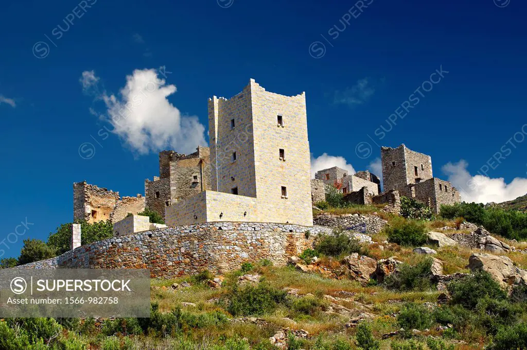 Traditional remote medieval tower house of Mani region of the Peloponnese Greece.