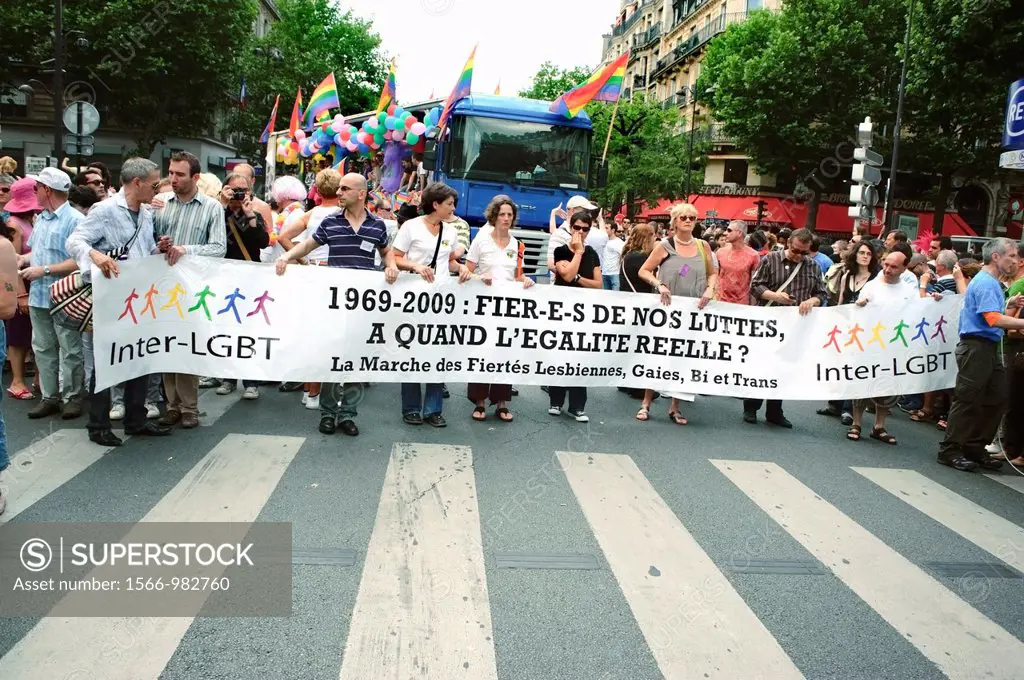 Paris, France, Public Events, People Celebrating at the Gay Pride Parade, Marche des Fiertes Lesbiennes, Gaies, Bi et Trans, Blvd  St  Germain  French...