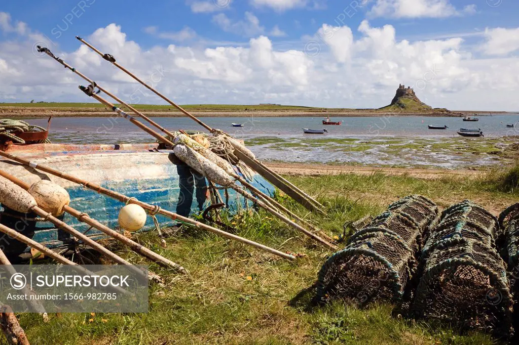 Lobster pots and marker floats, Lindisfarne Castle, Northumberland, England, UK, Great Britain