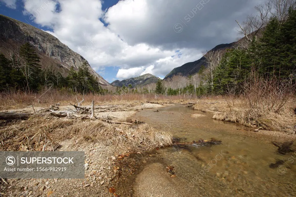 Franconia Notch State Park - Scenic view from along the Pemi Trail in the White Mountains, New Hampshire USA during the spring months
