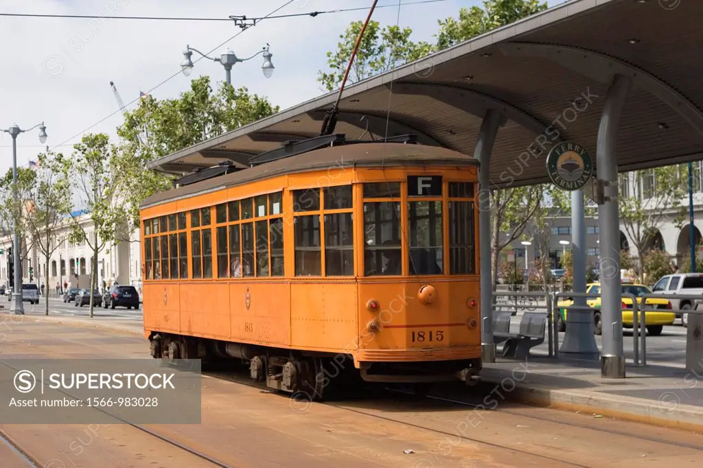 San Francisco Municipal Railway historic F line trolley at the Ferry Terminal along the Embarcadero waterfront, San Francisco, California, United Stat...