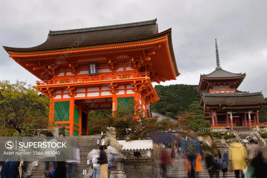 Visitors at the main entrance to Kiyomizu-dera Temple in Kyoto, Kansai Region, Japan blurred motion