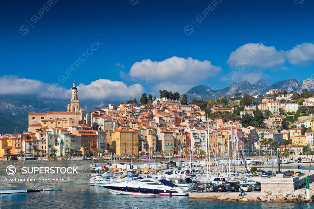 Harbor and the Basilique St-Michel-Archange in Menton, Provence, France, Europe