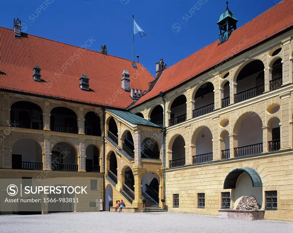 Germany, Landshut, Isar, Alpine foreland, Lower Bavaria, Bavaria, Trausnitz Castle, bailey, precinct, courtyard, arcades, Italian renaissance