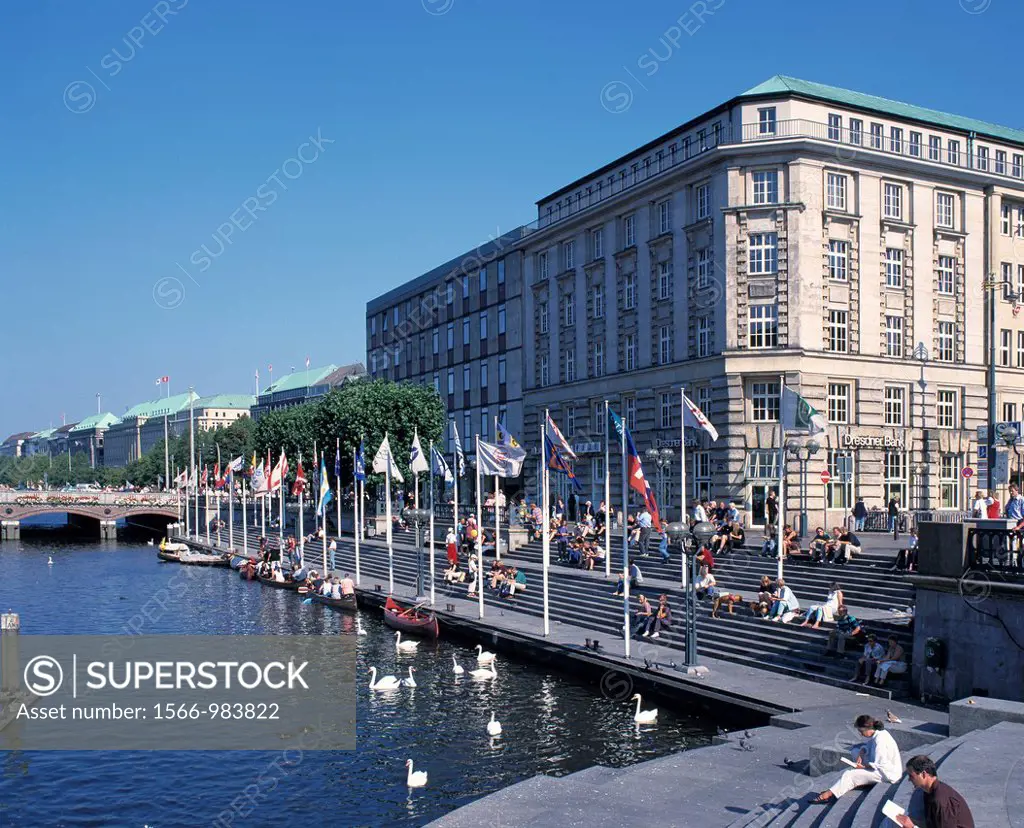 Germany, Hamburg, Elbe, Free and Hanseatic City of Hamburg, Kleine Alster, Reesendamm, Alter Wall, riverwalk, promenade, business houses, Dresdner Ban...