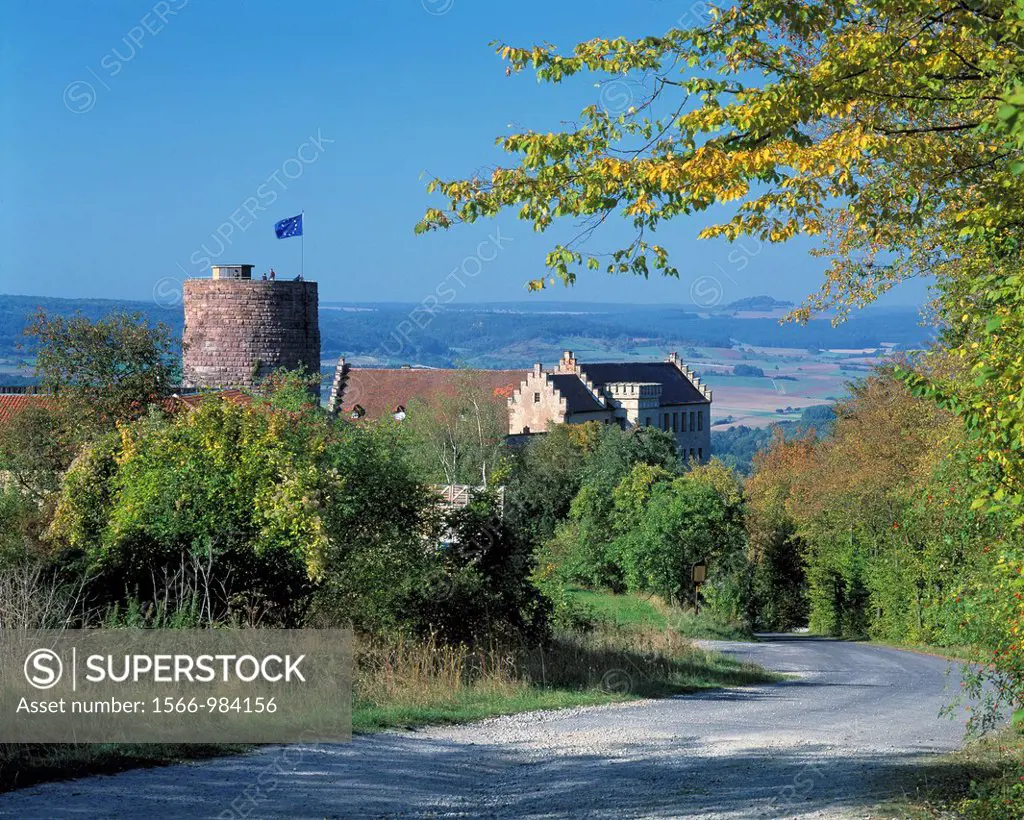 Germany, Hammelburg, Franconian Saale, Rhoen, nature reserve Bavarian Rhoen, Middle Franconia, Bavaria, Saaleck Castle, defence tower, keep, donjon, l...
