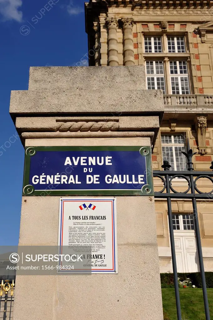 text of the Appeal of 18 June 1940 from Charles de Gaulle, Avenue of Versailles, Yvelines departement, France, Europe