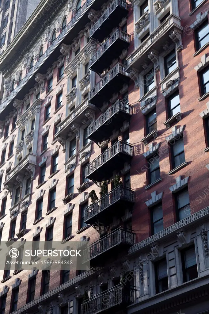 Ornate balconies on the side of a building in Manhattan, New York City, United States of America