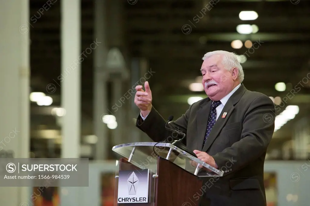Detroit, Michigan - Lech Walesa speaks during a visit to Chrysler´s Jefferson North Assembly Plant  Walesa was a founder of the Solidarity trade union...