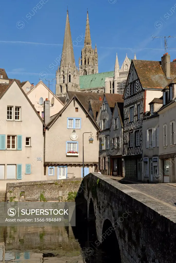 Bouju bridge and Bourg street with the Cathedral of Chartres background, Eure-et-Loir department, Centre region, France, Europe