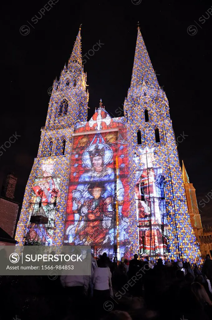 illumination on the south facade of the Cathedrale of Chartres, Eure-et-Loir department, Centre region, France, Europe