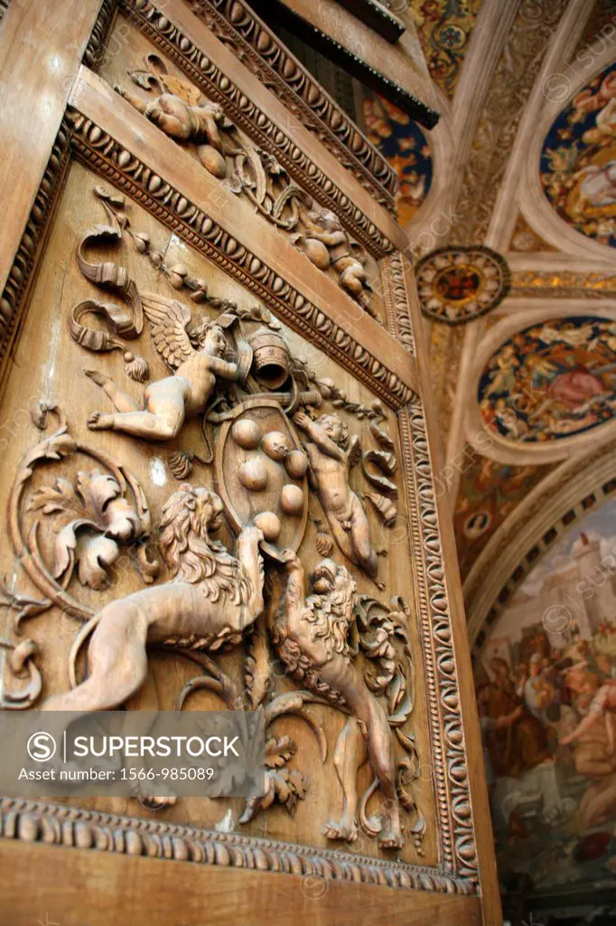 carved wooden door in the vatican museum, rome