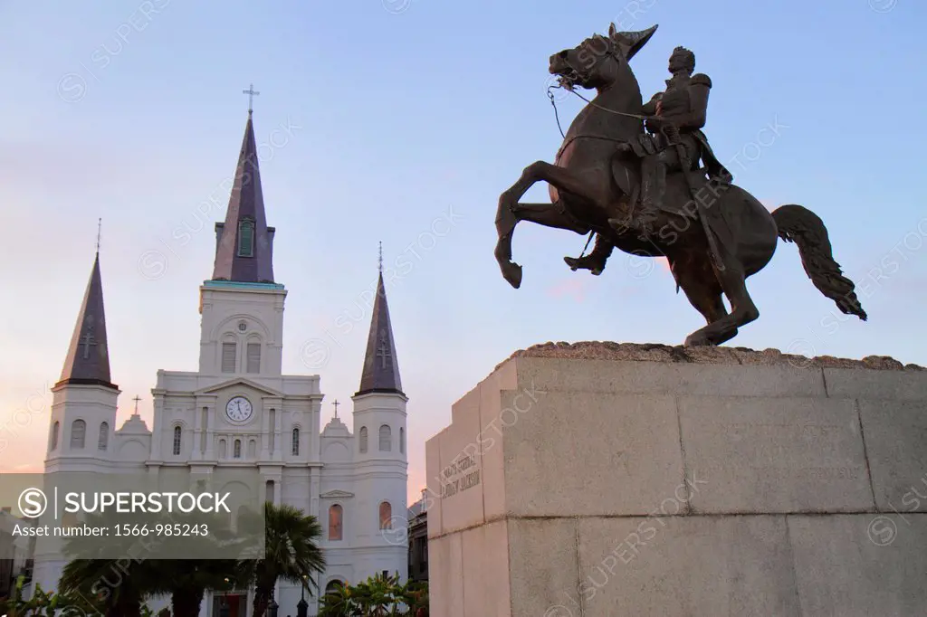 Louisiana, New Orleans, French Quarter, Jackson Square, National Historic Landmark, park, equestrian statue, pedestal, Andrew Jackson, sculptor Clark ...