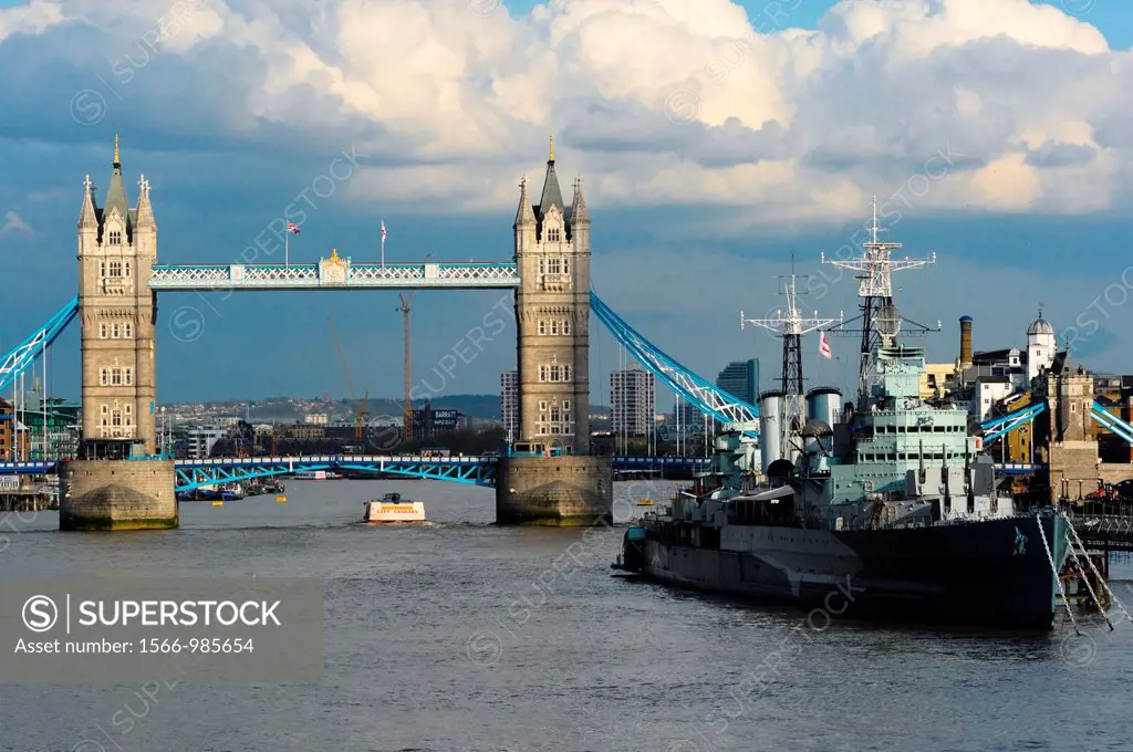 Tower bridge with HMS Belfast, on the Thames, London