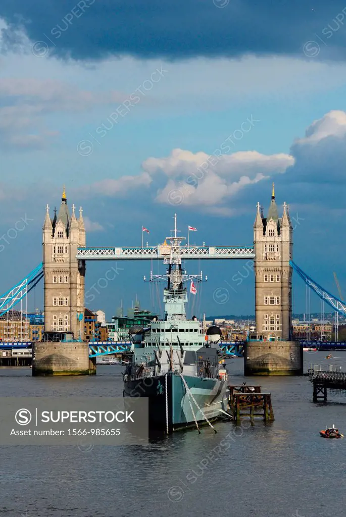 Tower bridge with HMS Belfast, on the Thames, London