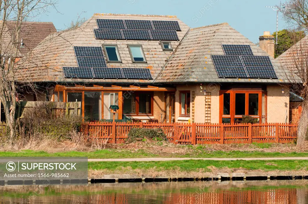 Solar panels on the roof of a house on the river Cam near Cambridge  England