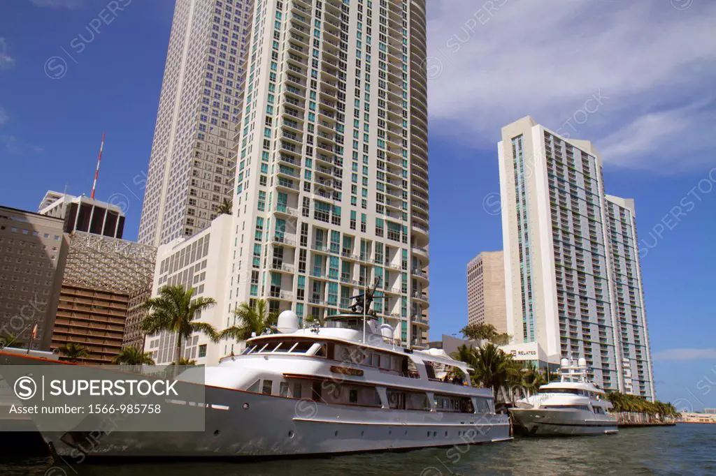 Florida, Miami, Miami River, Riverwalk, high-rise condominium buildings, One Miami, Met 1, mega yacht,