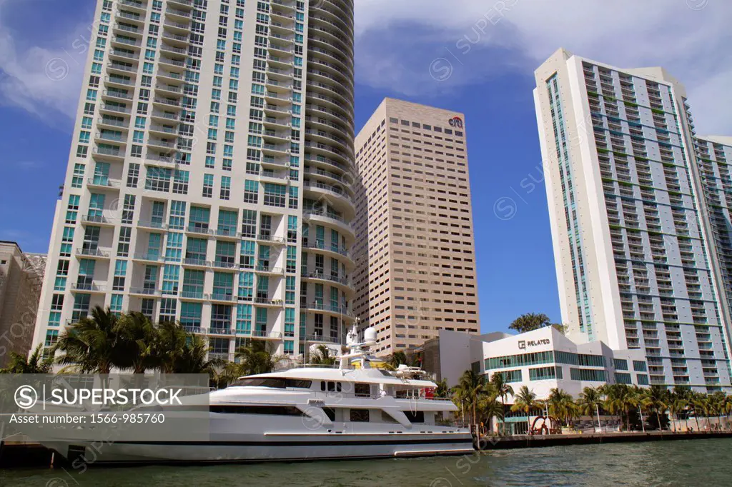 Florida, Miami, Miami River, Riverwalk, high-rise condominium buildings, One Miami, Met 1, office, Chopin Plaza, mega yacht,