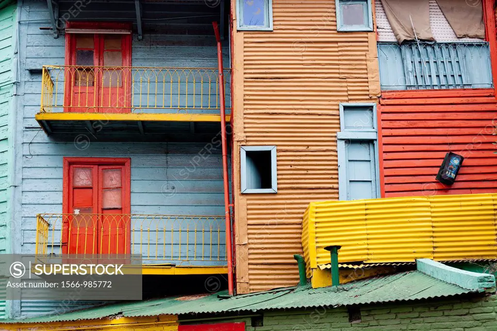 Colourfully painted houses made of corrugated sheet at El Caminito Street  Buenos Aires  Argentina