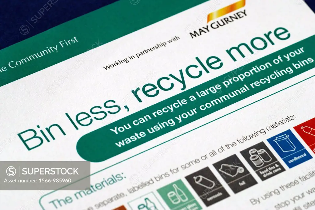 Local council refuse recycling leaflet encouraging people to  bin less and recycle more 