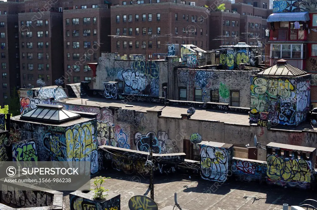 Rooftops in the New York neighborhood of Chinatown are covered with graffiti