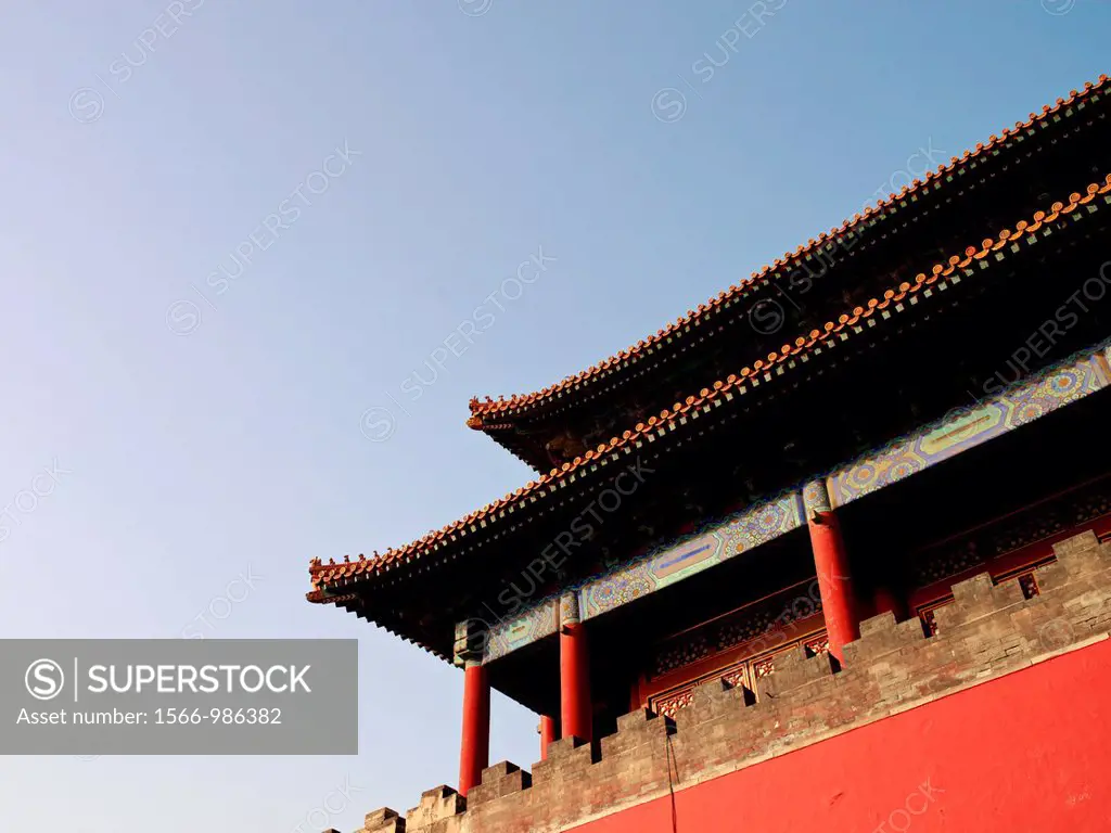 A view of the roof and upper level of the Gate of Divine Might, part of the wall around the Forbidden City in Beijing, China
