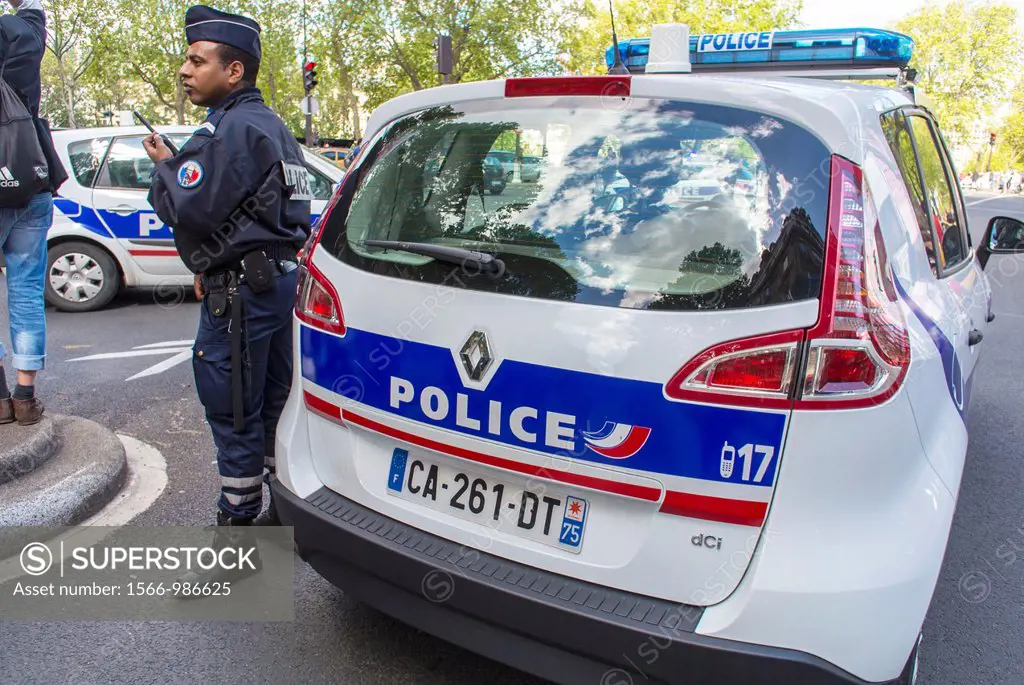 Paris, France, French National Police Car Directing Traffic, before Huge May Day March in Street