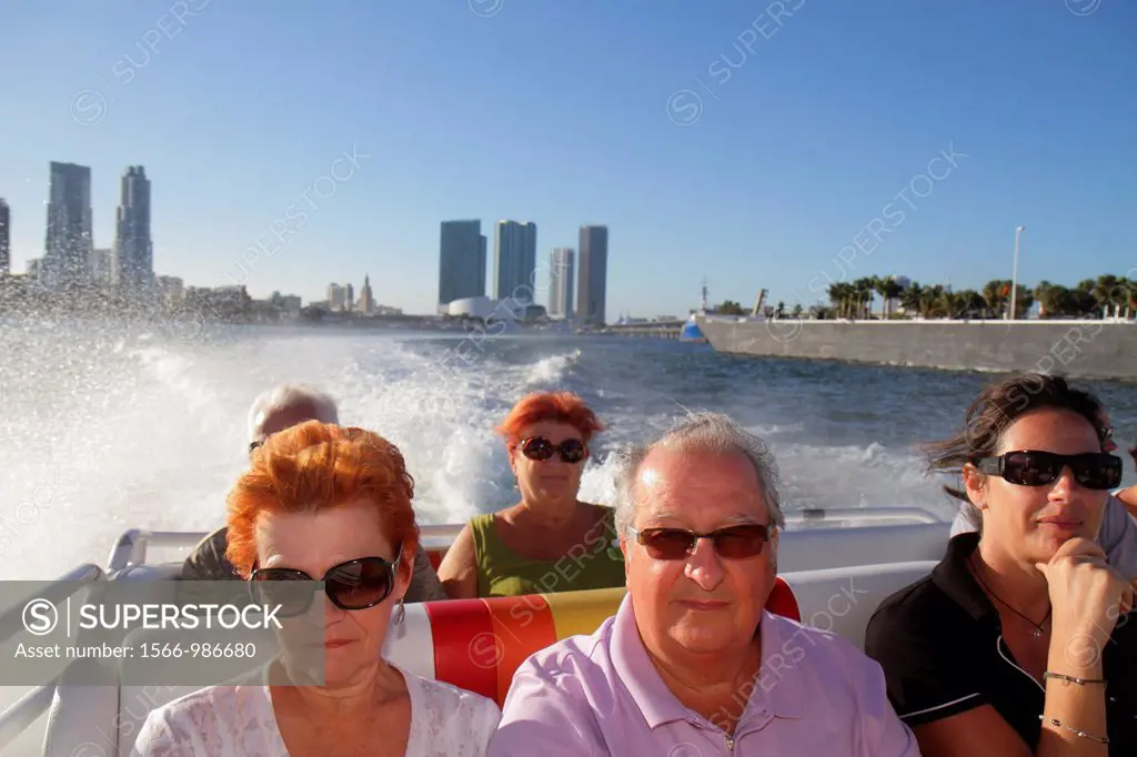 Florida, Miami, Biscayne Bay, Thriller Speedboat tour, senior, man, woman, couple,