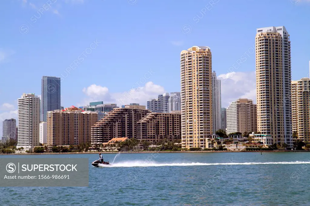Florida, Miami, Biscayne Bay, city skyline, high-rise, condominium, buildings, water, Brickell Key, jet ski,