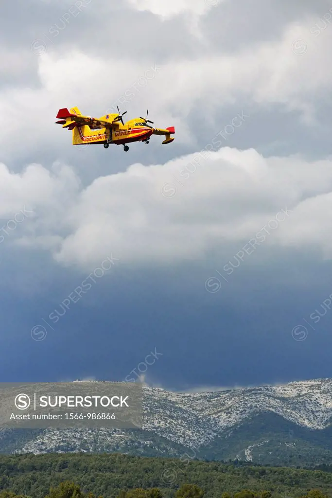 Firefighting airplane about to land, Provence, France