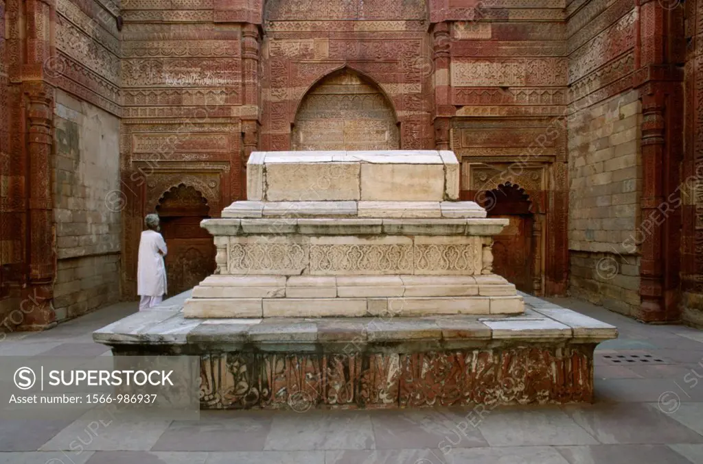 Qutab Minar tomb, covered in sanskrit carvings, outside of Delhi   Qutab Minar, the 239ft sandstone tower is an Indo-Islamic architectural wonder of a...