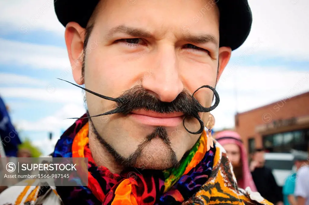 Gandhi Jones-a competitor-with his moustache styled as ´scissors,´ at the 2010 USA National Beard and Moustache Championships in Bend, OR, USA June 5,...
