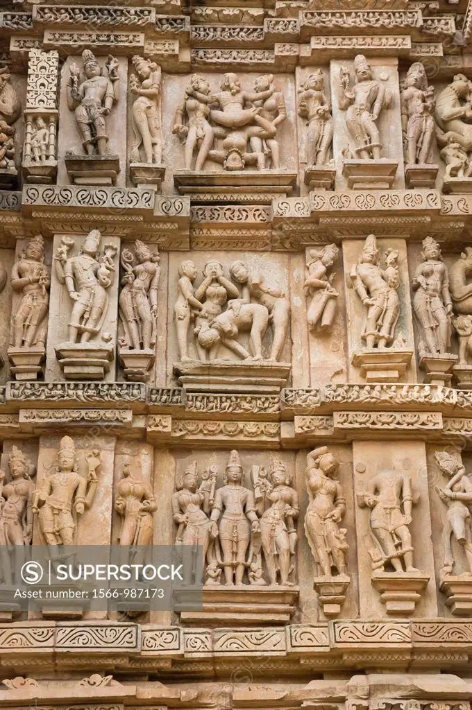 Detail sculptures covering a building in the Khajuraho Group of Monuments in Madhya Pradesh, India