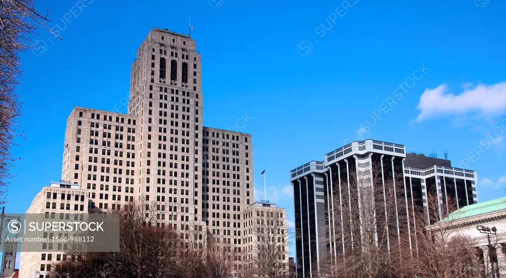 The avant-garde architecture of different times side by side at Capitol Park in Albany, NY, USA