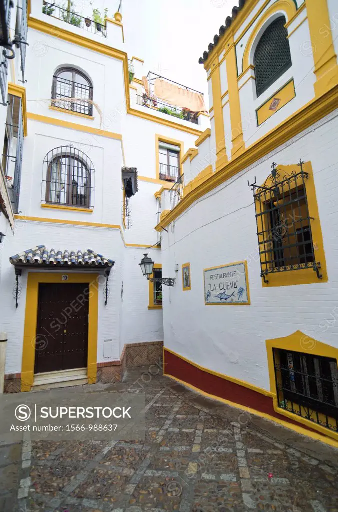 Typical Facade in Santa Cruz district of Seville Andalusia, Spain, Europe